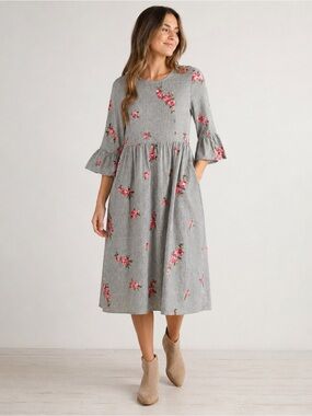 Piper & Scoot Embroidered Rose Stripe Midi Dress Size M Cottagecore Farmhouse